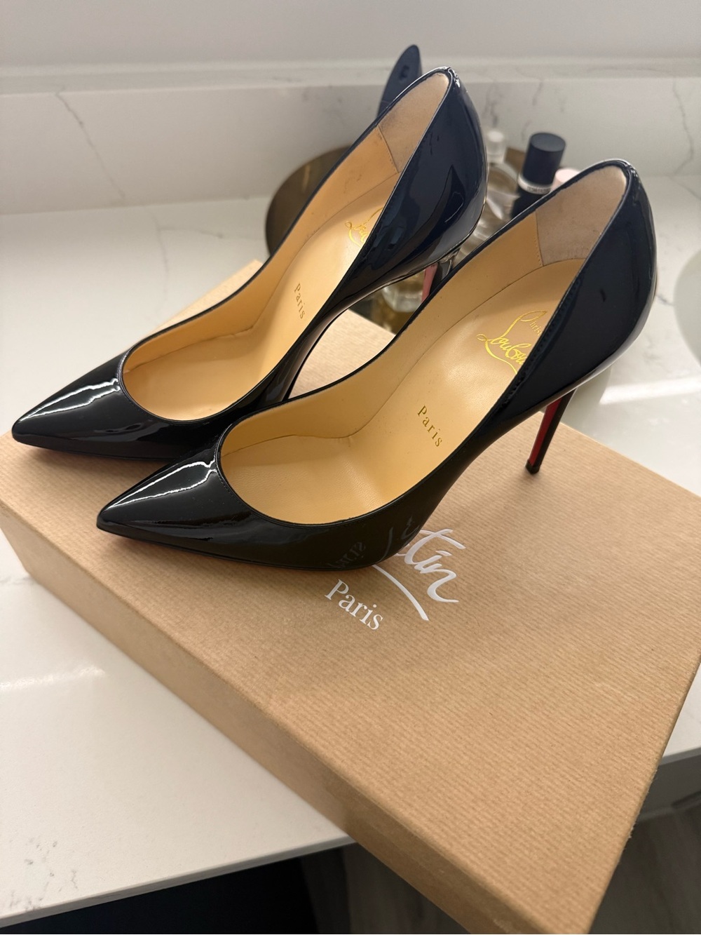 Christian Louboutin Black Patent Pointed Toe Stilettos with Red Soles